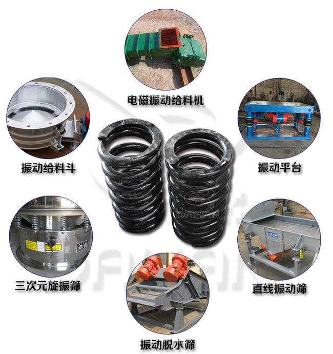 旋振篩減震彈簧適用產(chǎn)品：振動(dòng)給料機(jī)，電磁振動(dòng)給料機(jī)，振動(dòng)平臺(tái)，直線振動(dòng)篩，振動(dòng)脫水篩，三次元旋振篩。