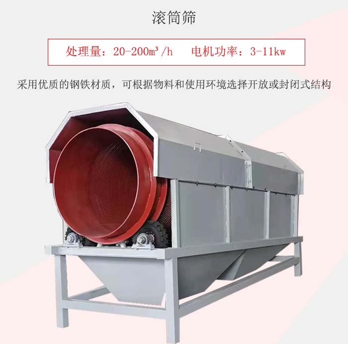 滾筒篩采用優(yōu)質(zhì)的鋼鐵材質(zhì)，可根據(jù)物料和使用環(huán)境選擇開放或封閉式結(jié)構(gòu)