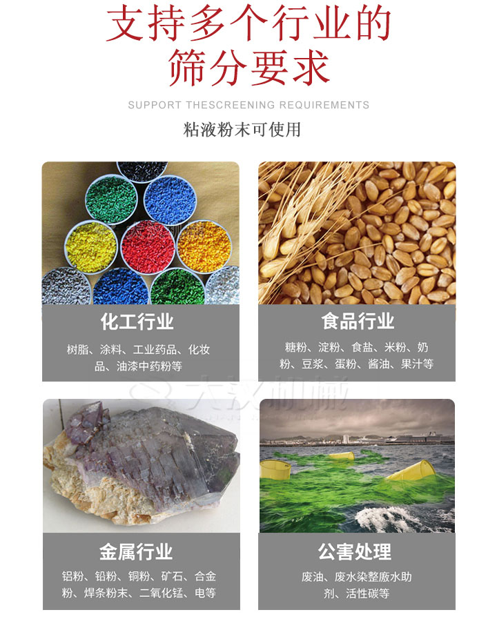 適用于化工行業(yè)，食品行業(yè)，金屬行業(yè)，以及公害處理等行業(yè)?；ば袠I(yè)：樹脂，涂料，工業(yè)藥品，化妝品，油漆，中藥粉等;食品行業(yè)：糖粉，淀粉，食用鹽，米粉，奶粉，豆?jié){，蛋粉，醬油，果汁等;金屬行業(yè)：鋁粉，鉛粉，銅粉，礦石，合金粉，焊條粉末，二氧化錳，電等。公害處理：廢油，廢水染整廒水助劑，活性炭等。超聲波振動篩支持挑選定制常見的有：不銹鋼，碳鋼，全不銹鋼三種規(guī)格。不銹鋼：耐腐蝕，耐高溫適合化工行業(yè),碳鋼：鋼性強，硬度高經(jīng)久耐用,全不銹鋼：機身經(jīng)久耐用不易生銹不易腐蝕超聲波振動篩共有一到四層可供選擇。大漢超聲波振動篩優(yōu)勢：篩分效率高，篩分精度高，產(chǎn)量可提高0.5-10倍適用于：大米，米粉，綠豆，小米等。輕松解決堵網(wǎng)問題適用10目-635目之間的物料。