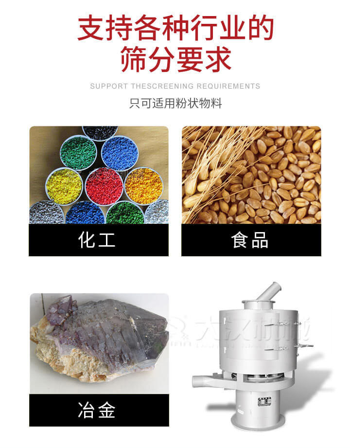 氣流篩用于礦粉，石墨粉，活性納米碳酸鈣，鋁灰，大豆粉，碳酸重鈣，石墨粉，木粉，干草，重金石粉，藥粉末，橡膠顆粒，草酸鹽，干料粉，木粉，聚酯粉，干粉，塑料，金屬粉末，橡膠粉，粉煤灰，石墨粉，陶瓷粉，鋅粉，石英粉，石灰粉，鐵粉，金屬硅粉等。