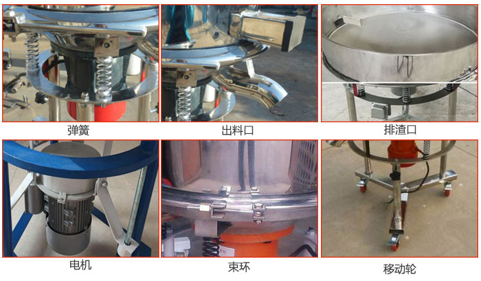 高頻振動篩結構：電機，彈簧，出料口，排渣口，快拆束環(huán)等。