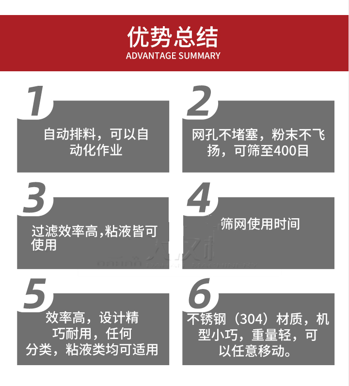 過濾篩優(yōu)勢總結(jié)：1，自動(dòng)排料，可以自動(dòng)化作用。2，網(wǎng)孔不堵塞，粉塵不飛揚(yáng)，可篩至400目。3，過濾效率高，任何粒，粉，粘液也可使用。4，篩網(wǎng)設(shè)計(jì)大大提高了篩網(wǎng)使用時(shí)間，也魏換網(wǎng)提高了方便。5，效率高，設(shè)計(jì)精巧耐用，任何分類設(shè)計(jì)精巧耐用，任何分類，粘液類均可適用。6，不銹鋼材質(zhì)機(jī)型小巧，重量輕，可以任意移動(dòng)。