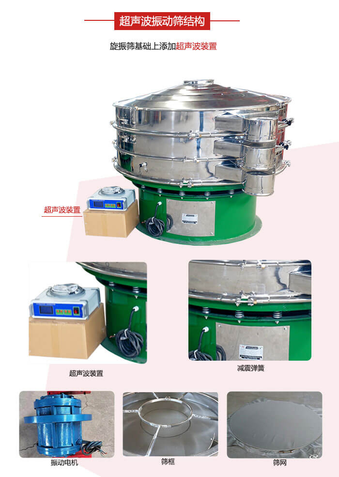 圓篩機(jī)內(nèi)部結(jié)構(gòu)：主要由振動電機(jī)、篩框、篩網(wǎng)、超聲波系統(tǒng)、減震彈簧等展示圖
