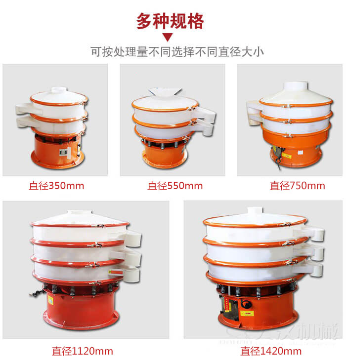 塑料振動篩不同篩分直徑進(jìn)行展示：350，550，750，1120，1420等。