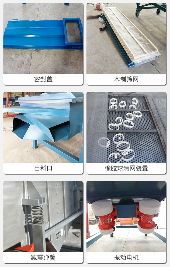 直線篩結(jié)構(gòu)展示：篩網(wǎng)，篩箱，振動(dòng)電機(jī)，振動(dòng)電機(jī)座，減震彈簧，支架等部件展示圖