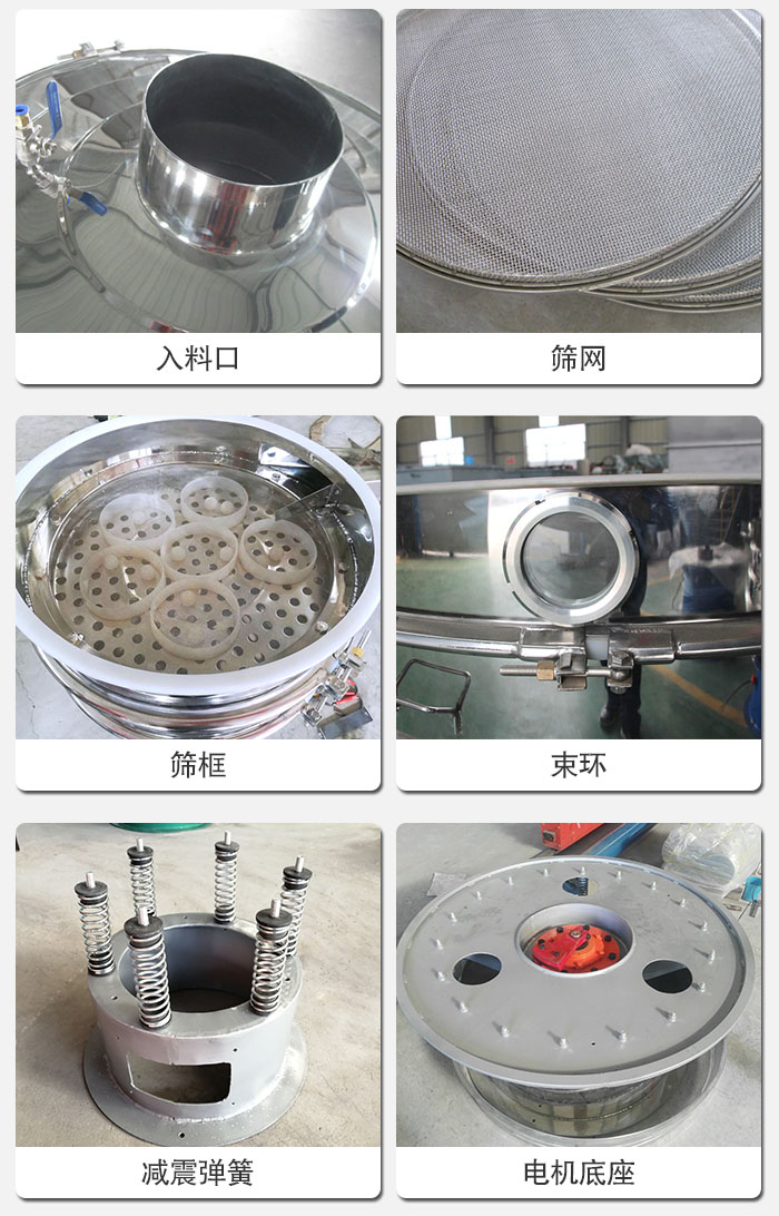 醫(yī)藥振動(dòng)篩有電機(jī)底座，減震彈簧，束環(huán)，篩框，入料口，篩網(wǎng)等部件展示。
