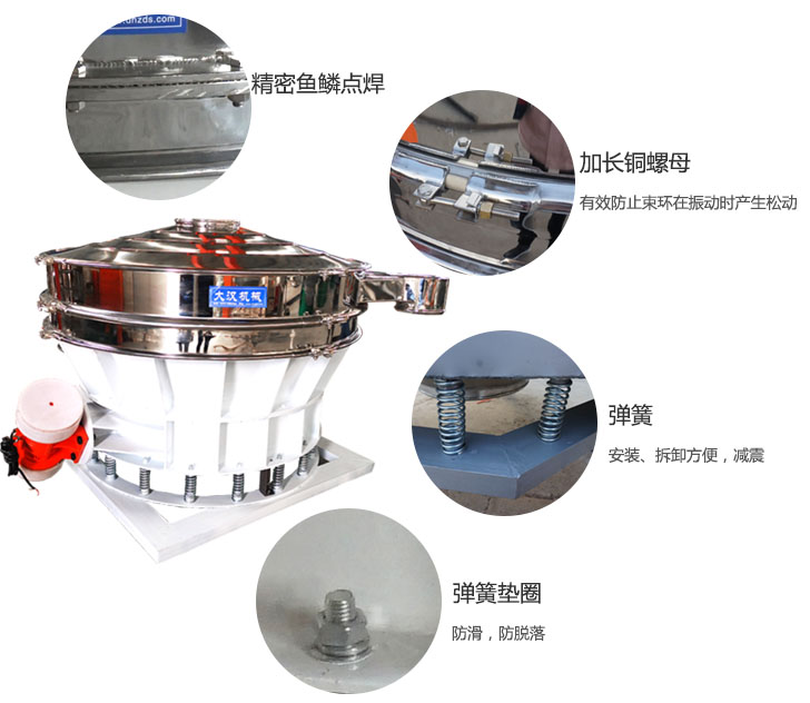 1500直排篩細(xì)節(jié)展示：彈簧，彈簧墊圈，加長銅螺母。
