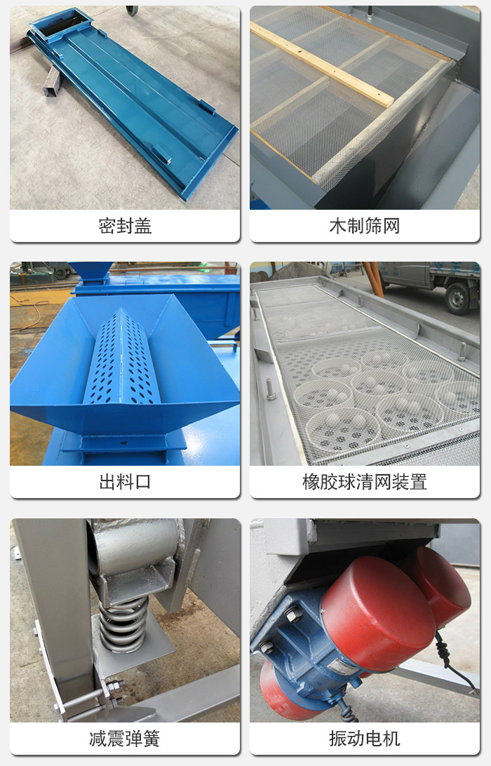 直線篩分機(jī)的結(jié)構(gòu)展示圖：篩箱是物料主要篩分設(shè)備之一，篩網(wǎng)用于篩分物料，振動(dòng)電機(jī)幫助篩網(wǎng)篩分。
