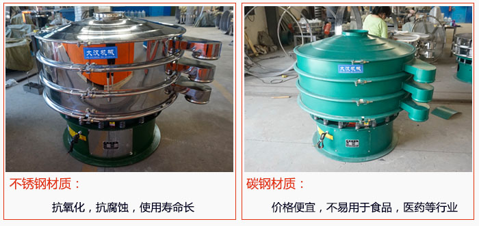 800型振動(dòng)篩有不銹鋼和碳鋼兩種材質(zhì)，不銹鋼材質(zhì)：抗氧化，抗腐蝕，使用壽命長(zhǎng) 碳鋼材質(zhì)：價(jià)格便宜，不易篩分食品，化工，醫(yī)藥等行業(yè)的物料。