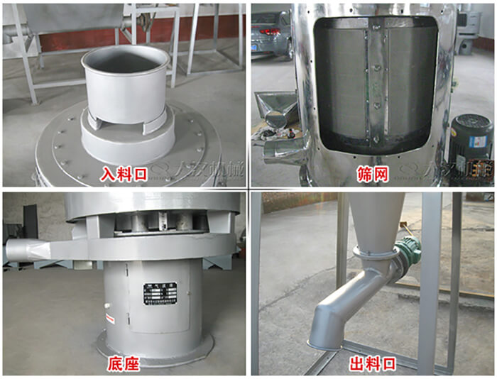 氣流篩部件展示：入料口，篩網(wǎng)，底座，出料口等。