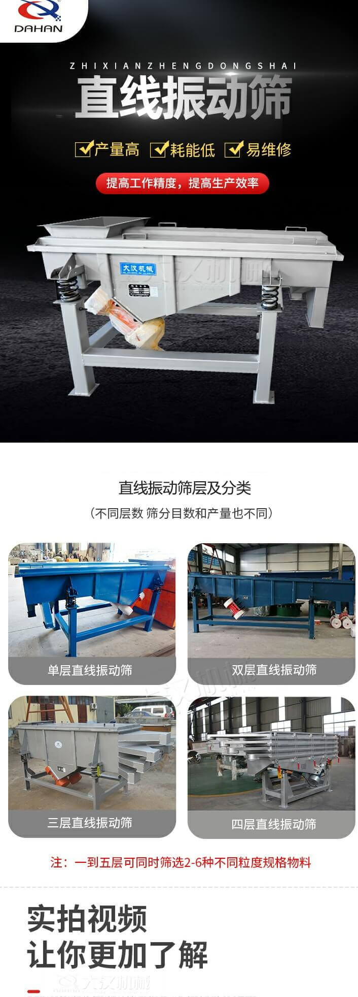 直線振動篩概述，產(chǎn)量高，耗能低，易維修，提高工作精度，提高生產(chǎn)效率，直線振動篩層級分類：不同層數(shù)，篩分目數(shù)和產(chǎn)量也不同：單層，雙層，三層，四層等。