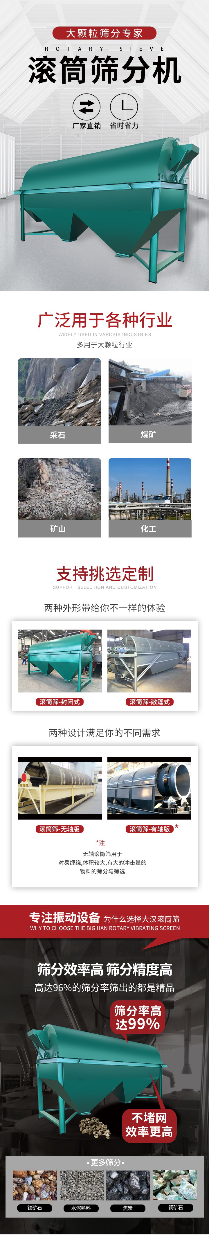 滾筒篩分機(jī)大顆粒篩分專家：廠家直銷，省時省力。滾筒篩被廣泛應(yīng)用各種行業(yè)：多用于大顆粒行業(yè)例如：采石，煤礦，礦山，化工等。滾筒篩定制類型有哪些：封閉式與敞篷式產(chǎn)品結(jié)構(gòu)分為：無軸式，有軸式兩種，無軸滾筒篩用于對纏繞，體積較大，有大的沖擊量的物料的篩分與篩選。滾筒篩篩分效率高篩分精度能夠達(dá)到：96%也比較適用于鐵礦石，水泥熟料，焦炭，銅礦石。滾筒篩特點：不飛粉末：密封隔離罩，密封性好，工作過程不會出現(xiàn)飛粉現(xiàn)象。外型尺寸是按筒體長計