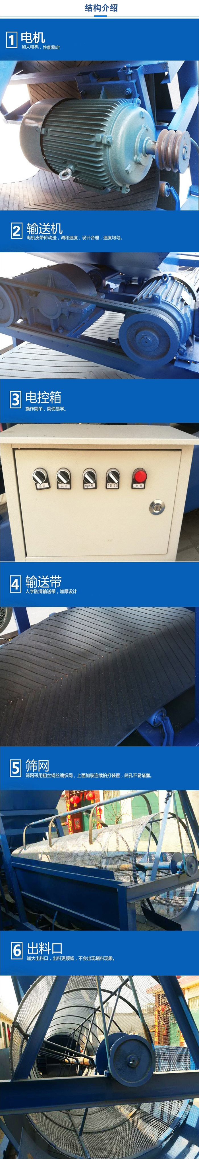 移動篩沙機結(jié)構(gòu):電機，加大電機，性能相對比較穩(wěn)定。輸送機：電機皮帶傳動送，調(diào)和速度，設(shè)計合理，速度均勻。電控箱：操作簡單，簡便易學(xué)。輸送帶：人字防滑輸送帶，加厚設(shè)計。篩網(wǎng)，采用粗絲鋼絲編織而成的篩網(wǎng)，上面加裝連續(xù)拍打裝置，篩孔不易堵塞。出料口：加大出料口，出料更順暢，不會出現(xiàn)堵料現(xiàn)象。