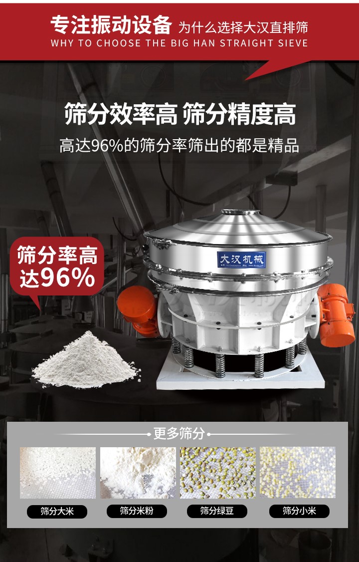 直排篩適用物料有面粉，淀粉，洗衣粉，金屬粉，添加劑，化工，非礦等行業(yè)。