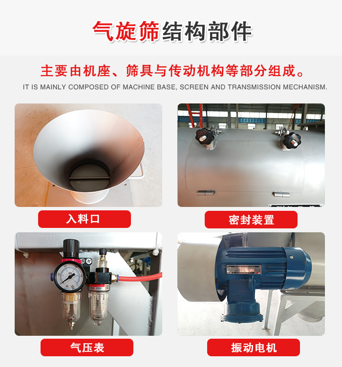 氣旋篩結(jié)構(gòu)：入料口，密封裝置，電機(jī)，氣壓表等