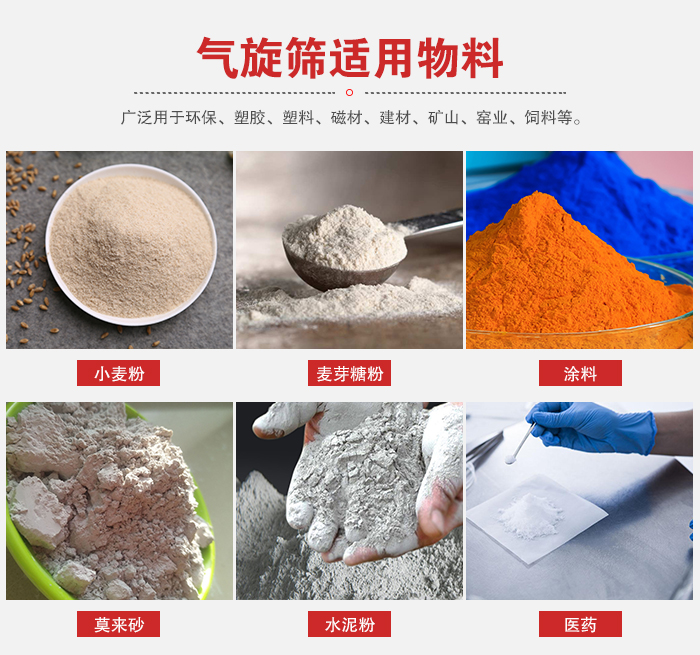 氣旋篩適用物料：小麥粉，麥芽糖粉，涂料，等粉狀物料。