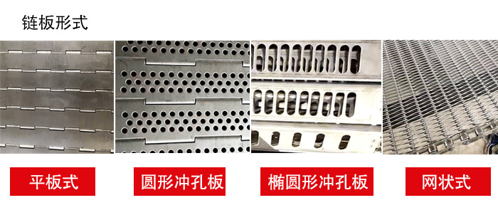 鏈板輸送機鏈板的不同形式：平板式，圓形沖孔板，網(wǎng)狀式等